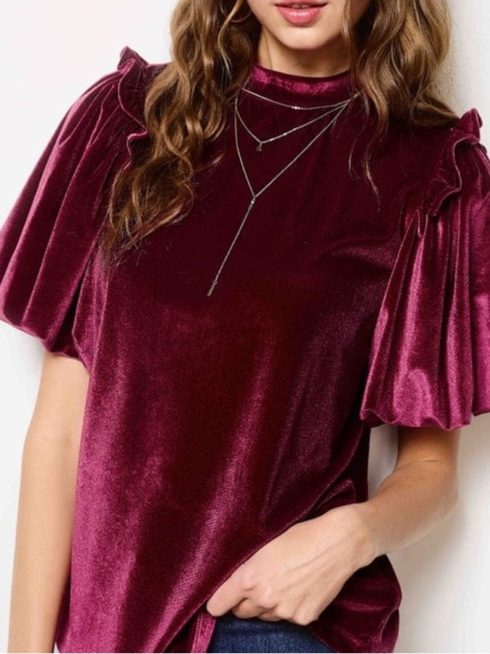 LA MIEL The Darlene Top Garnet color, Velvet Ruffle Puff-Sleeve Blouse Large NWT